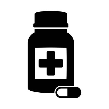 İlaç şişesi ve hap ikonu. Siyah beyaz ikon. Vektör illüstrasyonu.