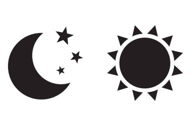 Night icon of the moon with stars and sun icon, vector on white background.
