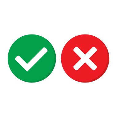 Green tick and red cross checkmarks in circle flat icons. Yes or no line symbol, approved or rejected icon for user interface.