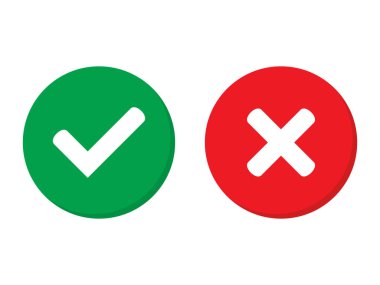 Green tick and red cross checkmarks in circle flat icons. Yes or no line symbol, approved or rejected icon for user interface.