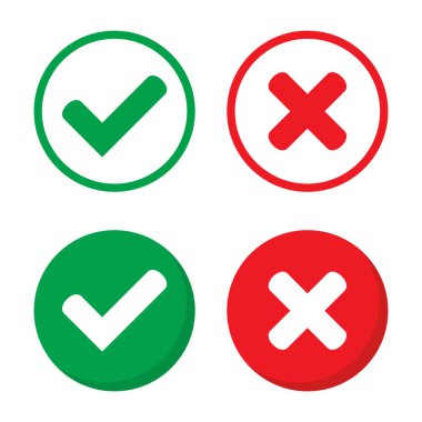 Green tick and red cross checkmarks in circle flat icons. Yes or no line symbol, approved or rejected icon for user interface.