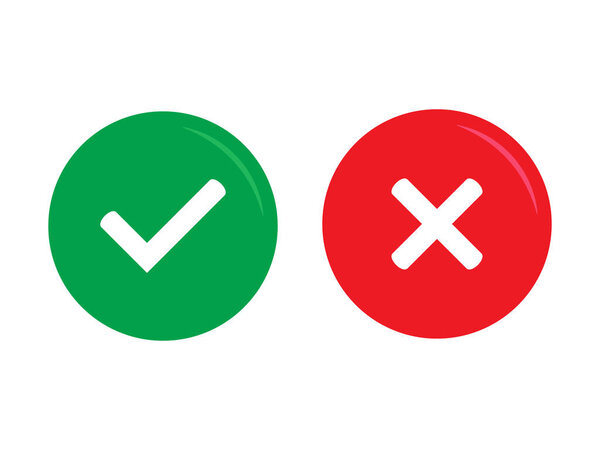 Green tick and red cross checkmarks in circle flat icons. Yes or no line symbol, approved or rejected icon for user interface.