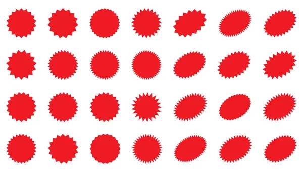 Set Autocollant Starburst Rouge Collection Étiquettes Boutons Sunburst Ronds Ovales — Image vectorielle