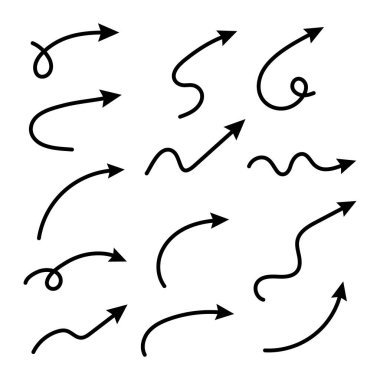 Eğri oklar. Bir dizi vektör el çizilmiş oklar. İşaretçi koleksiyonu.