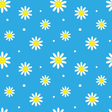 Mavi arkaplan vektör illüstrasyonunda papatya çiçeğiyle kusursuz desen. Şirin papatya çiçeği izi..