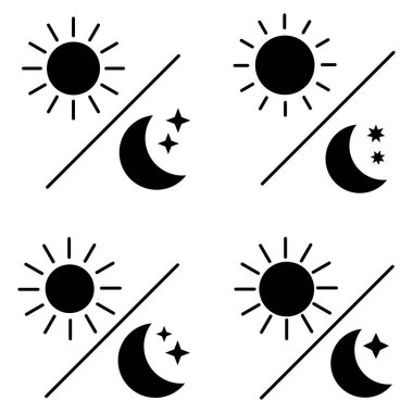 Night icon of the moon with stars and sun icon, vector on white background.