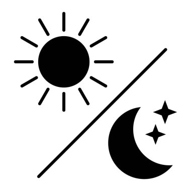Ay 'ın yıldızlı ve güneş ikonlu gece simgesi, beyaz arkaplanda vektör.