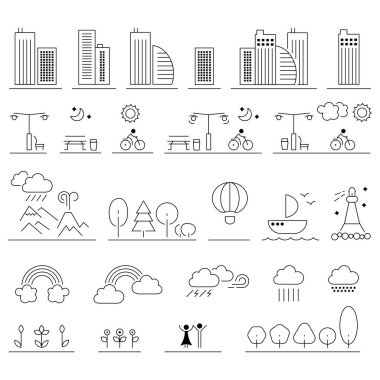 Peyzaj bağlantılı simgeler: ince vektör simgesi seti. Şehir parkı ve binalar simgeleri, düzenlenebilir felç.