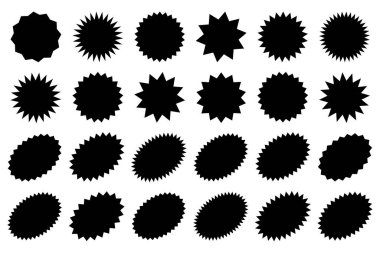 Bir dizi vektör yıldız patlaması, güneş patlaması rozetleri. Tasarım elemanları. Satış etiketi, fiyat etiketi, kalite notu için en iyisi. Düz vektör çizimi beyaz arkaplanda izole edildi.