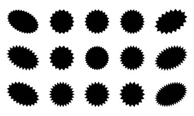 Bir dizi yıldız patlaması, güneş patlaması rozetleri. Tasarım elemanları. Satış etiketi, fiyat etiketi, kalite notu için en iyisi. Düz vektör çizimi beyaz arkaplanda izole edildi.