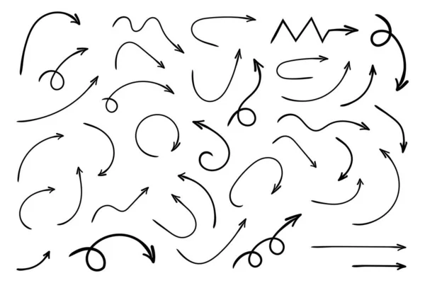 Setas Curvas Desenhadas Mão Esboço Estilo Doodle Coleção Ponteiros —  Vetores de Stock