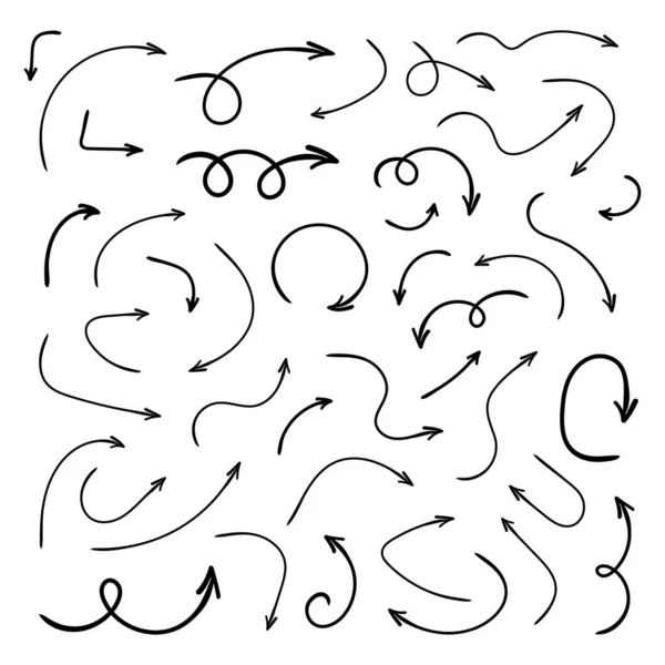 Frecce Curve Disegnate Mano Schizzo Stile Doodle Raccolta Puntatori — Vettoriale Stock