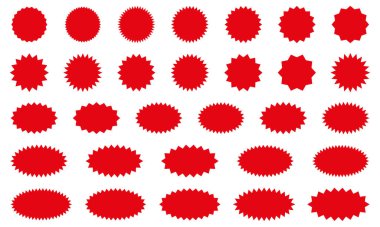 Yıldız patlaması kırmızı etiket seti - beyaz arkaplanda özel satış yuvarlak koleksiyonu ve oval güneş patlaması etiketleri ve izole edilmiş düğmeler. Reklam için yıldız kenarlı çıkartmalar ve rozetler..