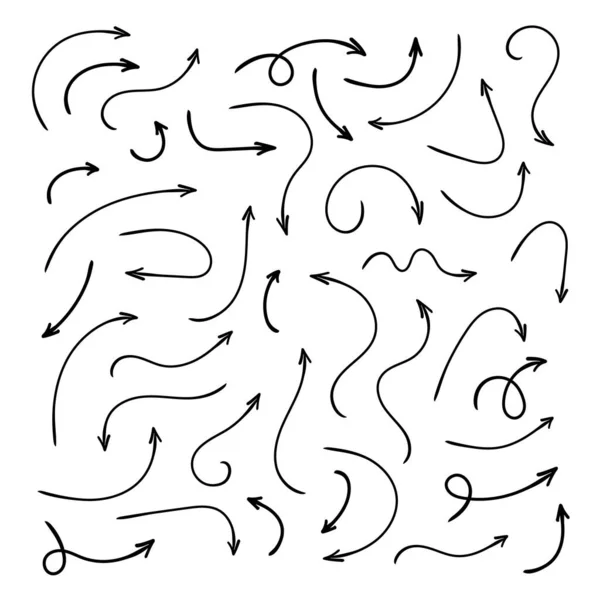 Flèches Courbes Dessinées Main Croquis Style Doodle Collecte Pointeurs — Image vectorielle