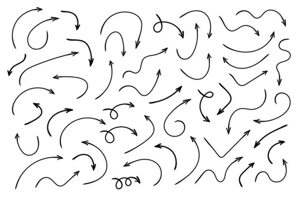Frecce Curve Disegnate Mano Schizzo Stile Doodle Raccolta Puntatori — Vettoriale Stock