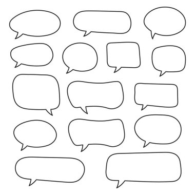 Vektör konuşma kabarcıkları ayarlayın. El çizilmiş konuşma kabarcıkları seti, doodle tarzı, Boş boş vektör konuşma kabarcıkları. Karikatür anahat balon kelime tasarımı.