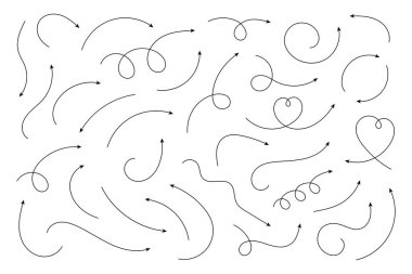 Bir dizi vektör el eğri oklar çizdi. İşaretçi koleksiyonu. Vektör illüstrasyonu.