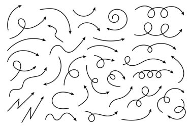 Bir dizi vektör el eğri oklar çizdi. İşaretçi koleksiyonu. Vektör illüstrasyonu.