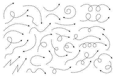 İnce kıvrımlı noktalı ok. Zigzag ok çizgileri, noktalı çizgiler. İnce oklar. Vektör illüstrasyonu.