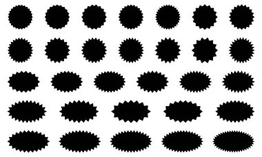 Bir dizi yıldız patlaması, güneş patlaması rozetleri. Tasarım elemanları. Satış etiketi, fiyat etiketi, kalite notu için en iyisi. Düz vektör çizimi beyaz arkaplanda izole edildi.