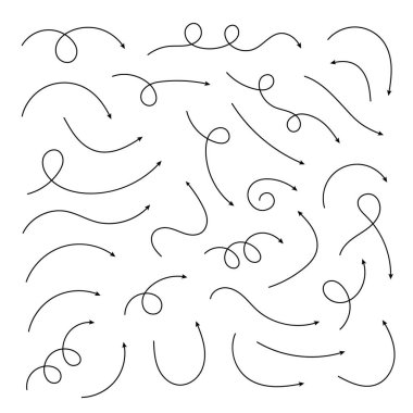 İnce kıvrımlı noktalı ok. Zigzag ok çizgileri, noktalı çizgiler. İnce oklar. Vektör illüstrasyonu.