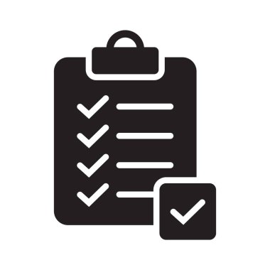 Kontrol listesi katı simge düz biçimi arkaplanda izole edildi. Web sitesi ve uygulama tasarımı için işaretleme listesi işareti.