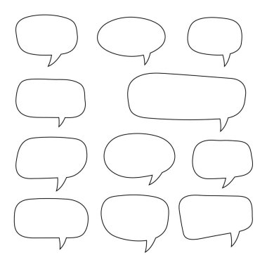 Vektör konuşma kabarcıkları ayarlayın. El çizilmiş konuşma kabarcıkları seti, doodle tarzı, Boş boş vektör konuşma kabarcıkları. Karikatür anahat balon kelime tasarımı.