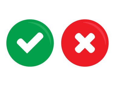 Daire şeklinde düz simgelerde yeşil kene ve kırmızı haç işaretleri. Evet ya da hayır simgesi, kullanıcı arayüzü için onaylanmış ya da reddedilmiş simge.