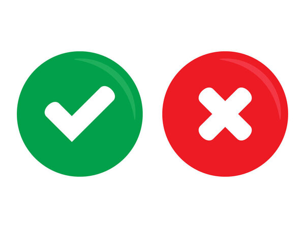 Green tick and red cross checkmarks in circle flat icons. Yes or no symbol, approved or rejected icon for user interface.