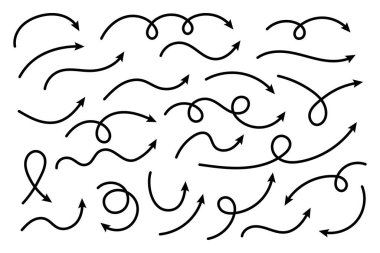 Eğri oklar. Bir dizi vektör el zikzak okları çizdi. İşaretçi koleksiyonu. Vektör illüstrasyonu.