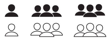 Kullanıcı simgesi ve insan satırı simgesi, takım simgesi, grup simgesi, dış hatlar ve katı vektör çizimi, doğrusal pictogram izole edildi.