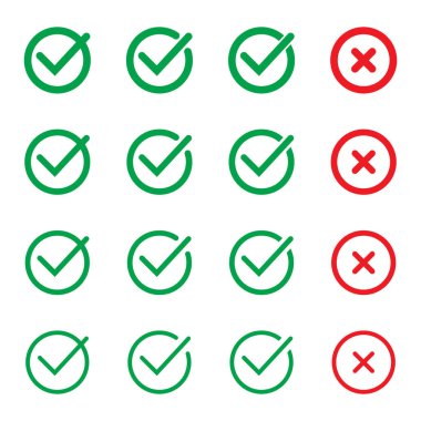 Green tick and red cross checkmarks in circle flat icons. Yes or no line symbol, approved or rejected icon for user interface.