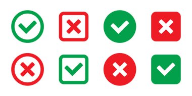Green tick and red cross checkmarks in circle flat icons. Yes or no line symbol, approved or rejected icon for user interface.