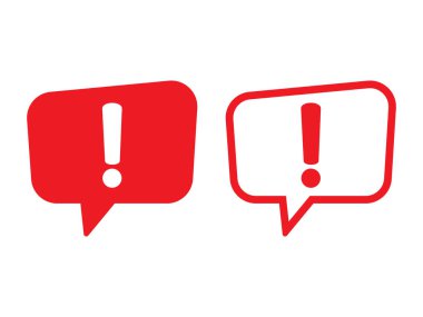 Ünlem işareti simgesi, önemli işaret, uyarı konuşma balonu. Ünlem işaretli konuşma balonu. Kırmızı dikkat simgesi.