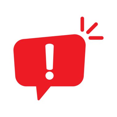 Ünlem işareti simgesi, önemli işaret, uyarı konuşma balonu. Ünlem işaretli konuşma balonu. Kırmızı dikkat simgesi.