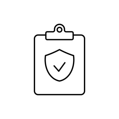 Kalkanlı ve işaretli bir pano simgesi. Sigorta politikası simgesi, vektör simgesi beyaz arkaplanda izole edildi.