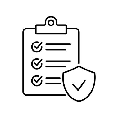 Kalkanlı ve işaretli bir pano simgesi. Sigorta politikası simgesi, vektör simgesi beyaz arkaplanda izole edildi.