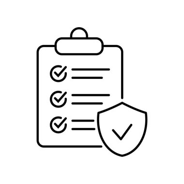 Kalkanlı ve işaretli bir pano simgesi. Sigorta politikası simgesi, vektör simgesi beyaz arkaplanda izole edildi.