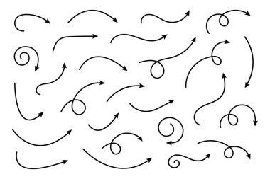 Koleksiyon el çizimi oklar. Beyaz arkaplanda izole edilmiş basit kavisli okları ayarla. İşaretçi koleksiyonu. Vektör illüstrasyonu.