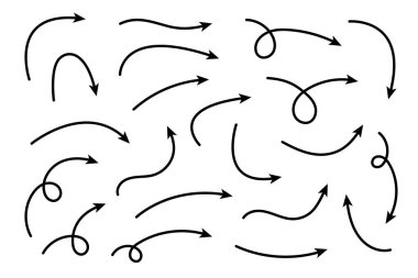 Koleksiyon el çizimi oklar. Beyaz arkaplanda izole edilmiş basit kavisli okları ayarla. İşaretçi koleksiyonu. Vektör illüstrasyonu.