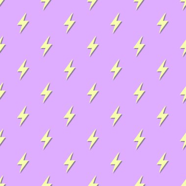 Retro vektör, yıldırımlı, kusursuz desen. Düz dizayn. Pembe arka planda sarı ışıklar.