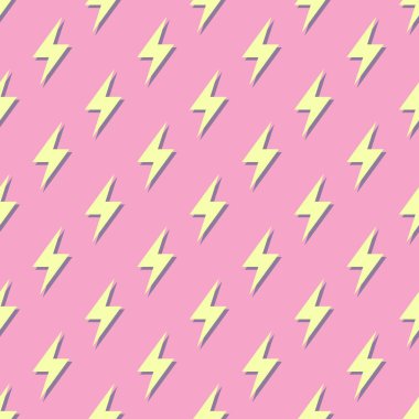 Retro vektör, yıldırımlı, kusursuz desen. Düz dizayn. Pembe arka planda sarı ışıklar.