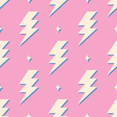 Retro vektör, yıldırımlı, kusursuz desen. Düz dizayn. Pembe arka planda sarı ışıklar.