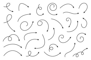 İnce çizgi okları koleksiyonu. Basit kavisli çizilmiş okları ayarlayın. İşaretçi koleksiyonu.