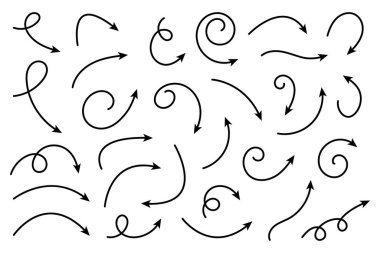 Çizgi okları koleksiyonu. Basit kavisli çizilmiş okları ayarlayın. İşaretçi koleksiyonu.