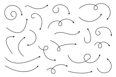 Çizgi okları koleksiyonu. Basit kavisli çizilmiş okları ayarlayın. İşaretçi koleksiyonu.