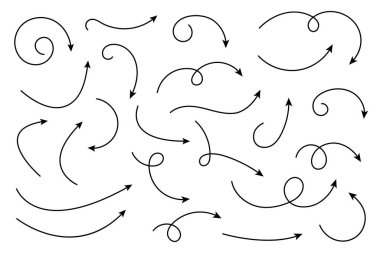 Çizgi okları koleksiyonu. Basit kavisli çizilmiş okları ayarlayın. İşaretçi koleksiyonu.