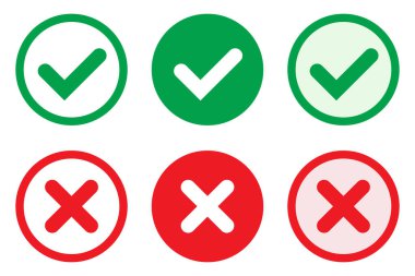 Doğru ya da yanlış ikonlar. Daire şeklinde düz simgelerde yeşil kene ve kırmızı haç işaretleri. Evet ya da hayır simgesi, kullanıcı arayüzü için onaylanmış ya da reddedilmiş simge.