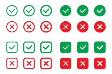 Doğru ya da yanlış ikonlar. Daire şeklinde düz simgelerde yeşil kene ve kırmızı haç işaretleri. Evet ya da hayır simgesi, kullanıcı arayüzü için onaylanmış ya da reddedilmiş simge.