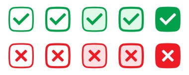 Doğru ya da yanlış ikonlar. Yeşil kene ve kırmızı işaretler. Evet ya da hayır simgesi, kullanıcı arayüzü için onaylanmış ya da reddedilmiş simge.